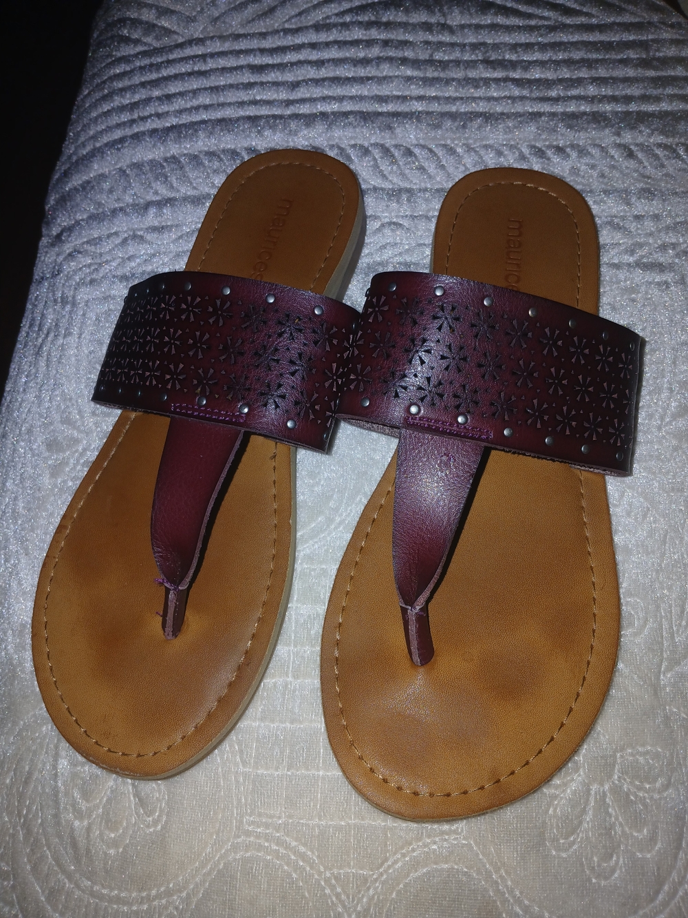 Women’s Burgundy Laser-Cut Leather Slide Sandals